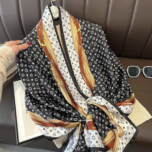 Luxury Black, White & Gold Silk-Feel Satin Scarf – Emblem Design 90 x 180
