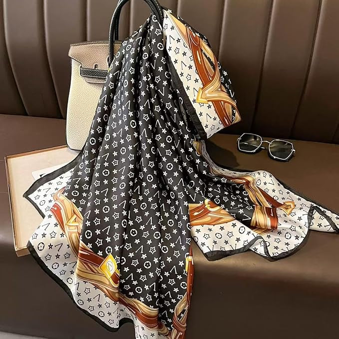 Luxury Black, White & Gold Silk-Feel Satin Scarf – Emblem Design 90 x 180
