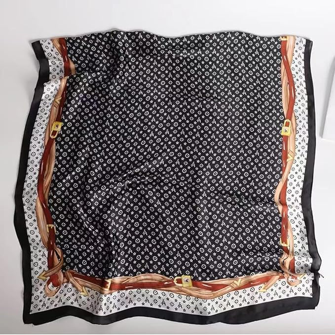 Luxury Black, White & Gold Silk-Feel Satin Scarf – Emblem Design 90 x 180
