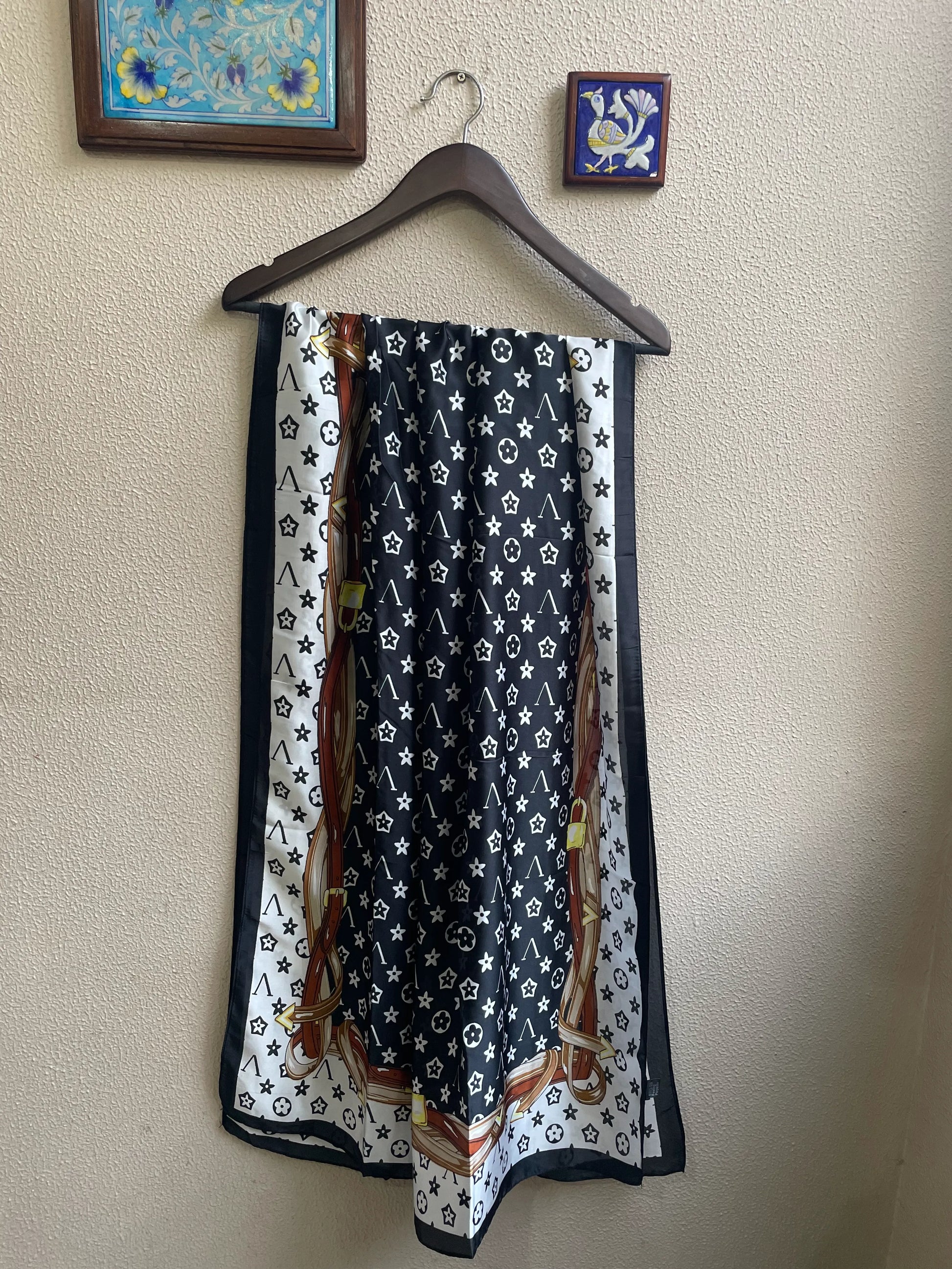 Luxury Black, White & Gold Silk-Feel Satin Scarf – Emblem Design 90 x 180
