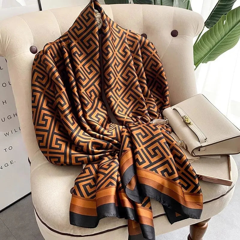 Luxury Burnt Orange & Black Silk-Feel Satin Scarf – Geometric Design 90 x 180