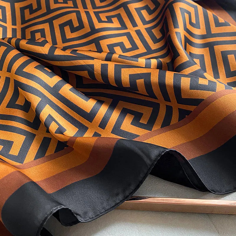 Luxury Burnt Orange & Black Silk-Feel Satin Scarf – Geometric Design 90 x 180