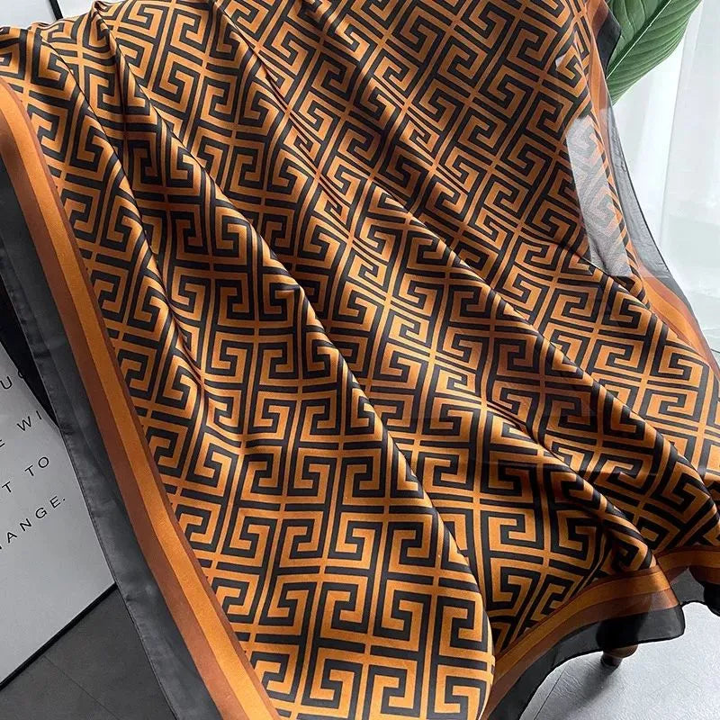 Luxury Burnt Orange & Black Silk-Feel Satin Scarf – Geometric Design 90 x 180