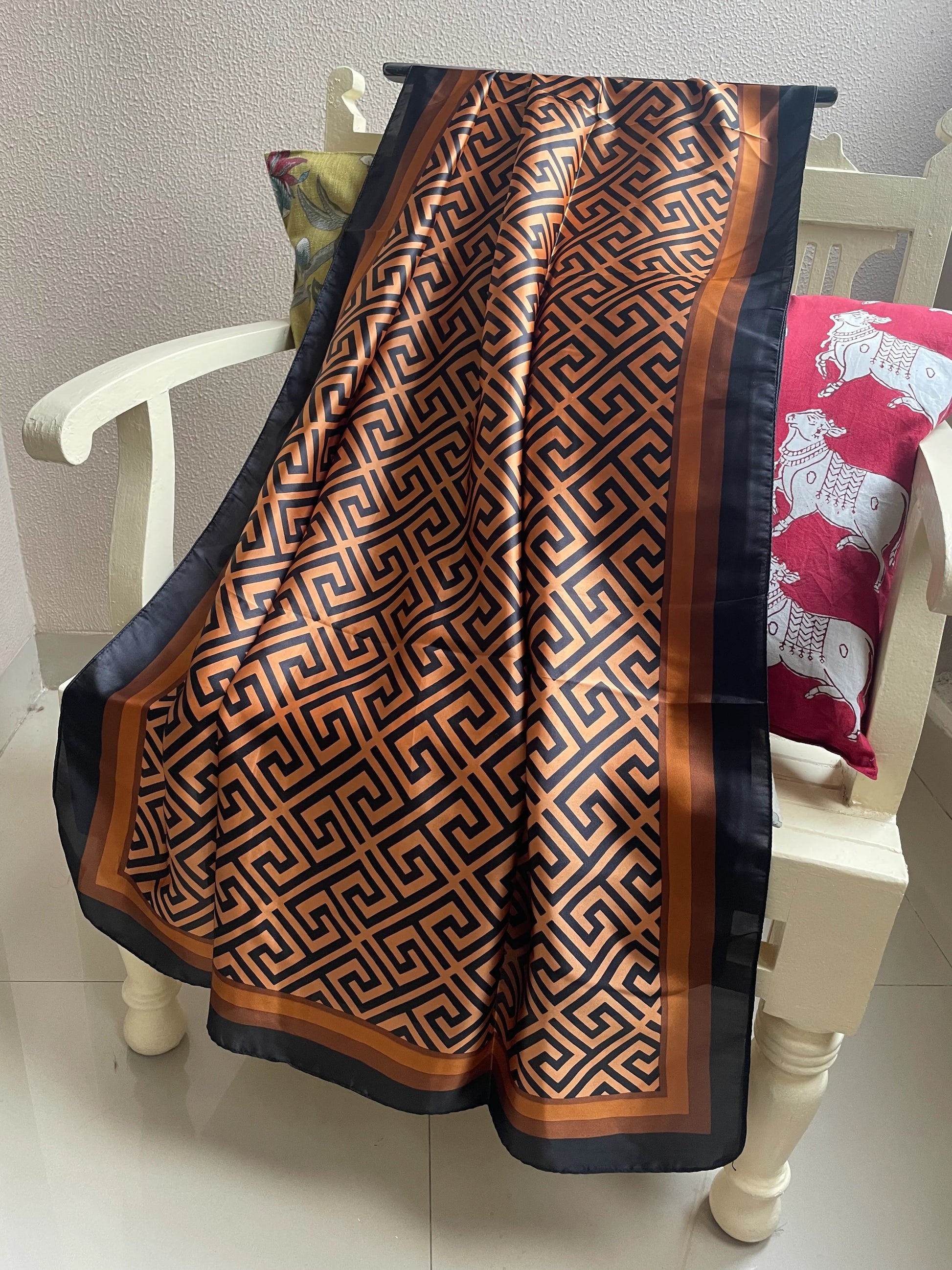 Luxury Burnt Orange & Black Silk-Feel Satin Scarf – Geometric Design 90 x 180