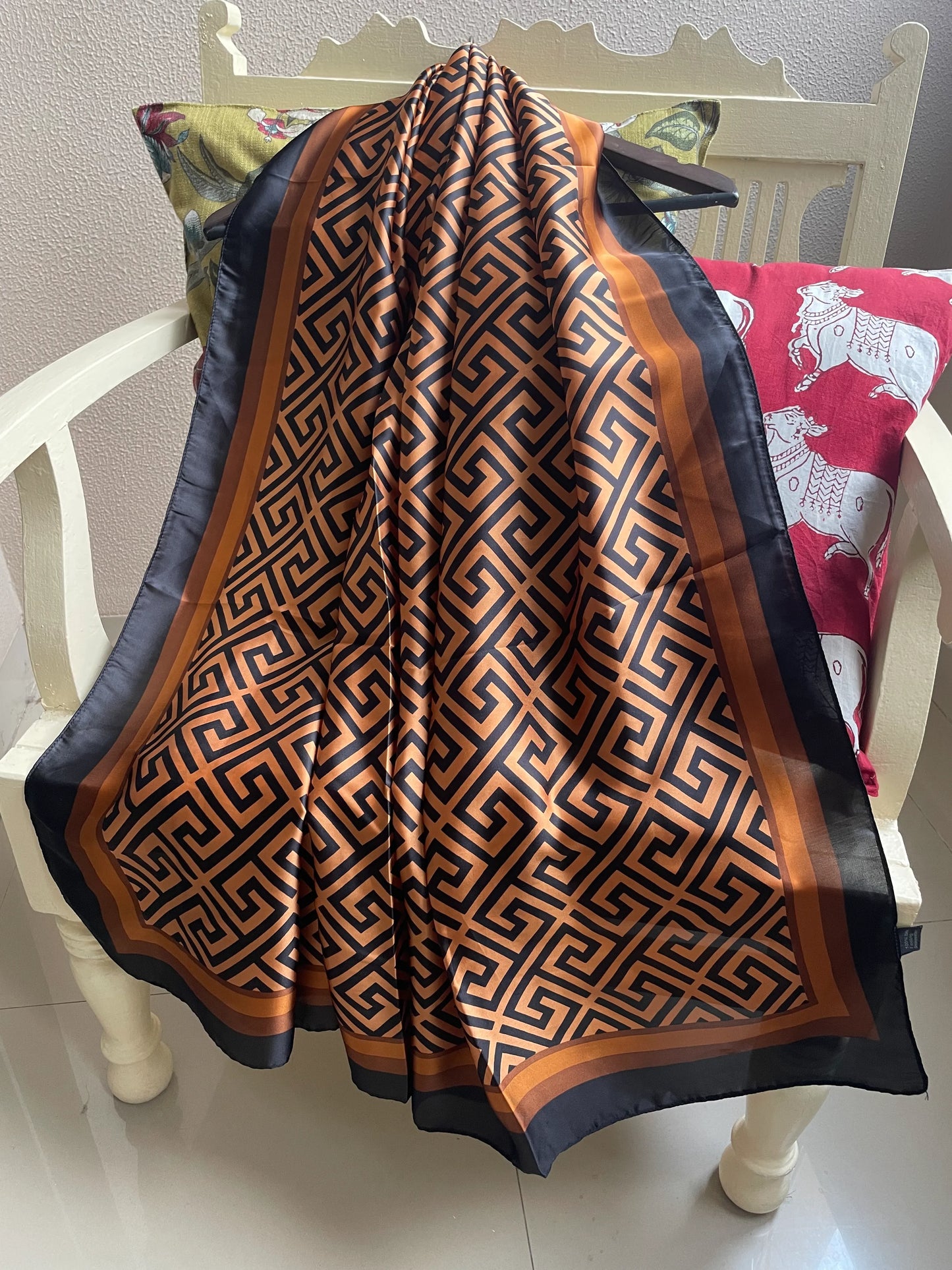Luxury Burnt Orange & Black Silk-Feel Satin Scarf – Geometric Design 90 x 180