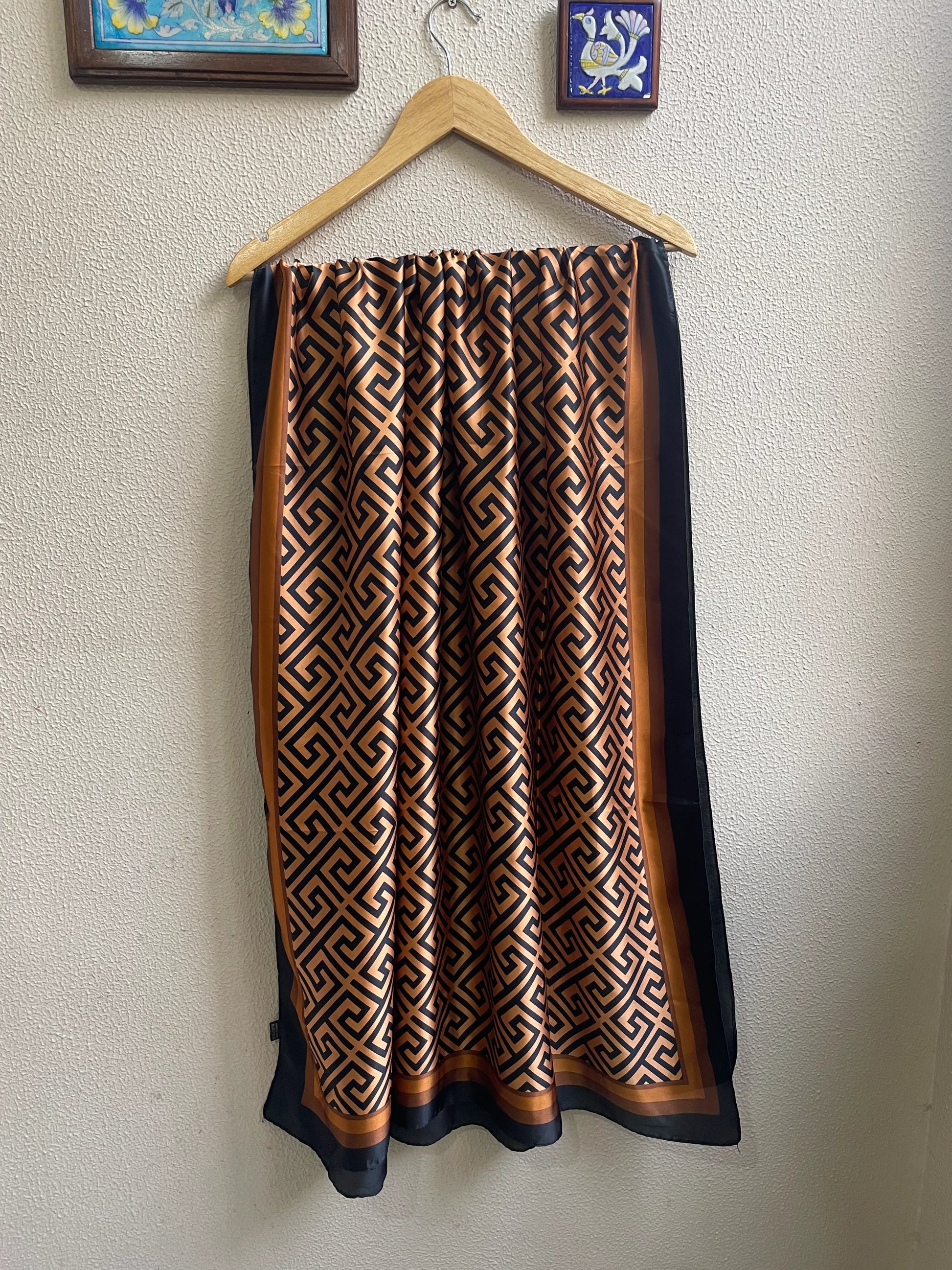 Luxury Burnt Orange & Black Silk-Feel Satin Scarf – Geometric Design 90 x 180
