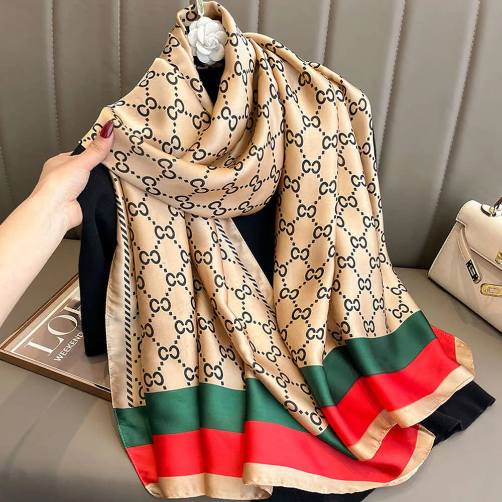 Luxury Champagne & Black Monogram Silk-Feel Satin Scarf with Red & Green Stripe – 90 x 180 cm