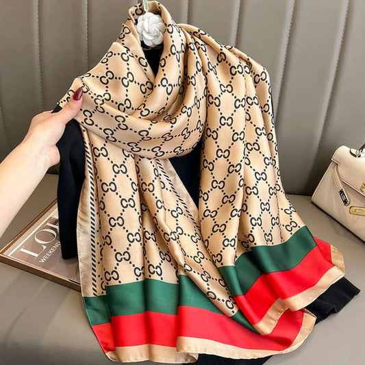 Luxury Champagne & Black Monogram Silk-Feel Satin Scarf with Red & Green Stripe – 90 x 180 cm