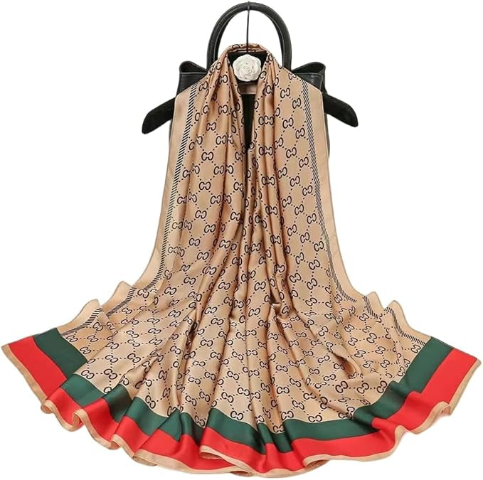 Luxury Champagne & Black Monogram Silk-Feel Satin Scarf with Red & Green Stripe – 90 x 180 cm