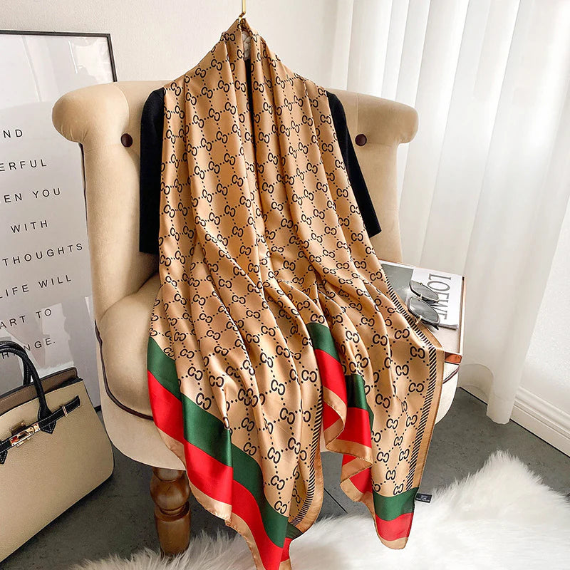 Luxury Champagne & Black Monogram Silk-Feel Satin Scarf with Red & Green Stripe – 90 x 180 cm
