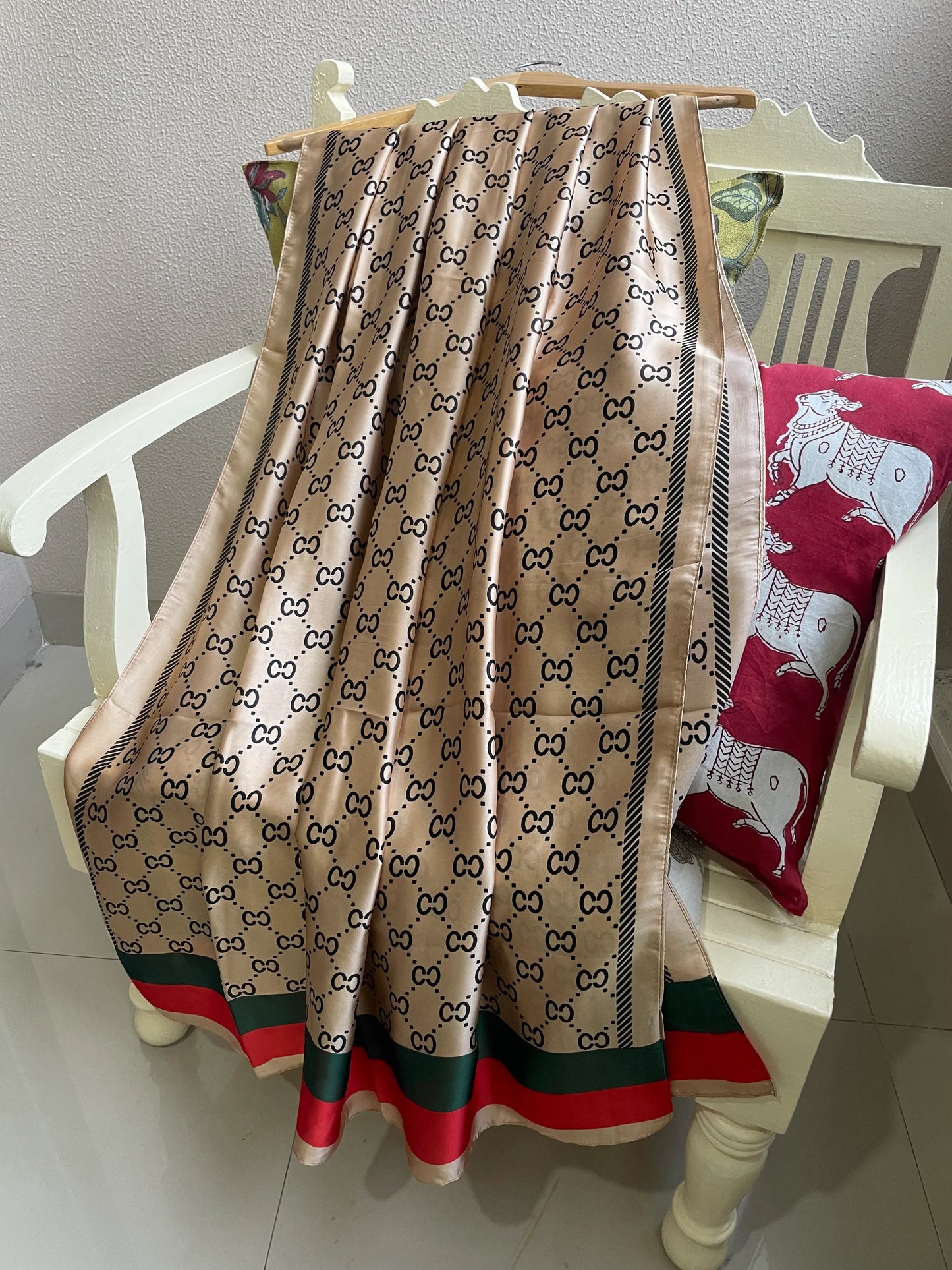 Luxury Champagne & Black Monogram Silk-Feel Satin Scarf with Red & Green Stripe – 90 x 180 cm