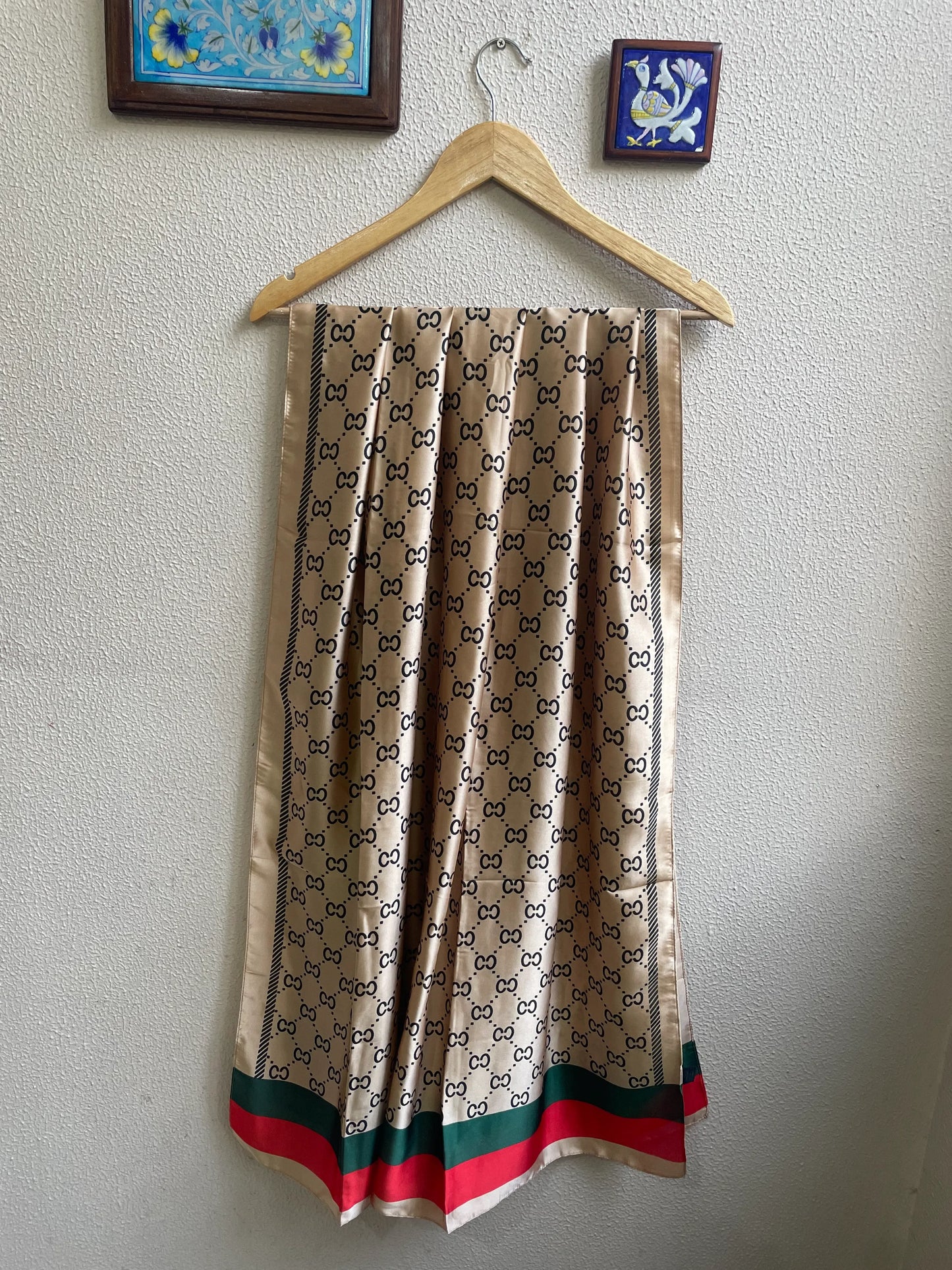 Luxury Champagne & Black Monogram Silk-Feel Satin Scarf with Red & Green Stripe – 90 x 180 cm