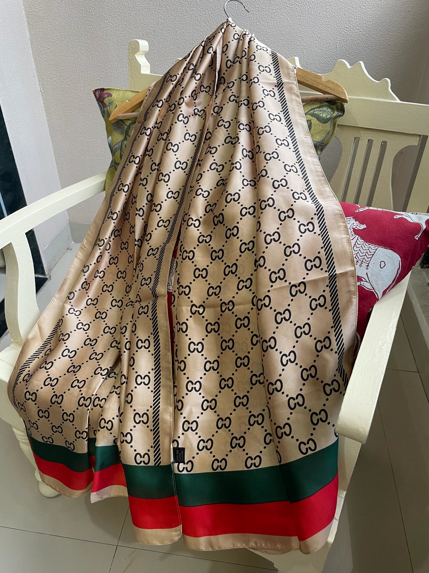 Luxury Champagne & Black Monogram Silk-Feel Satin Scarf with Red & Green Stripe – 90 x 180 cm