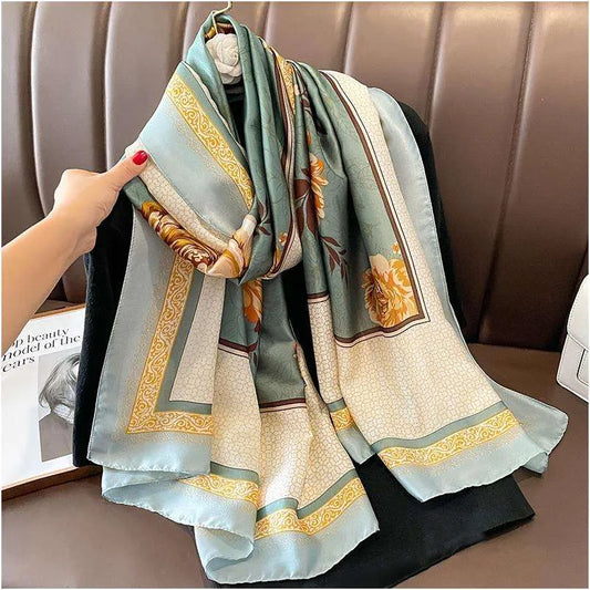 Luxury sage green and gold vintage floral silk-feel satin scarf 
