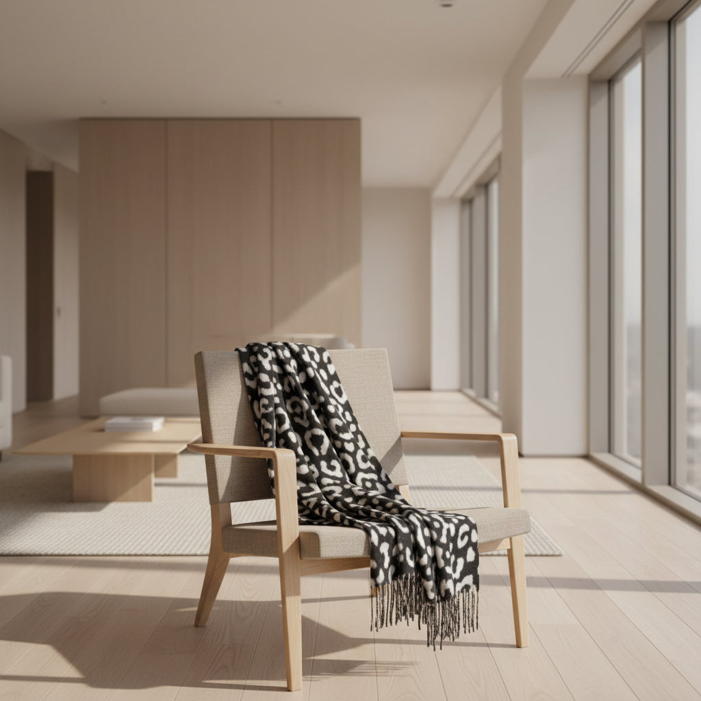 Black and white leopard print scarf on a mannequin against a beige background