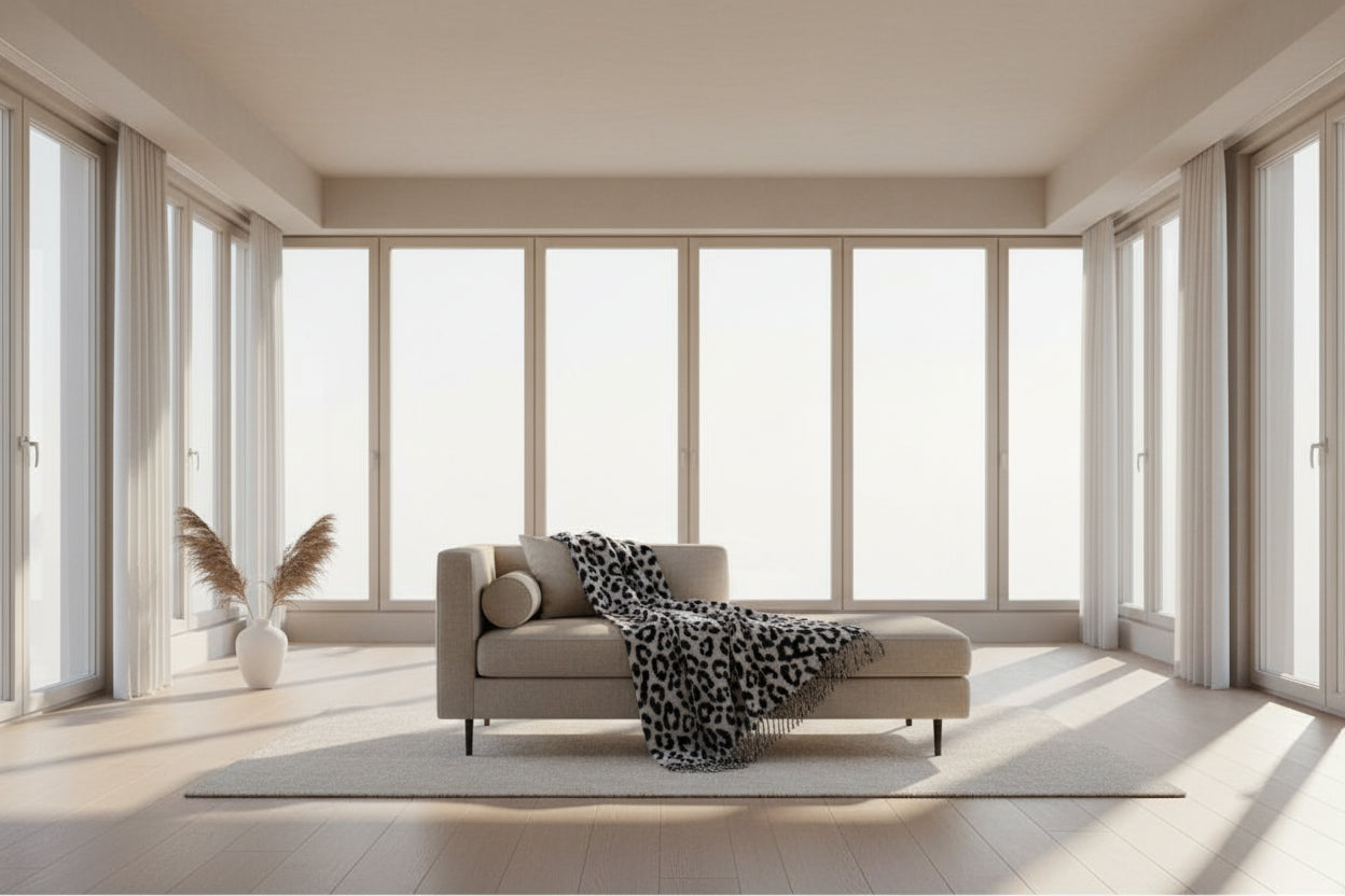 Leopard print scarf with tassels on a mannequin against a beige background