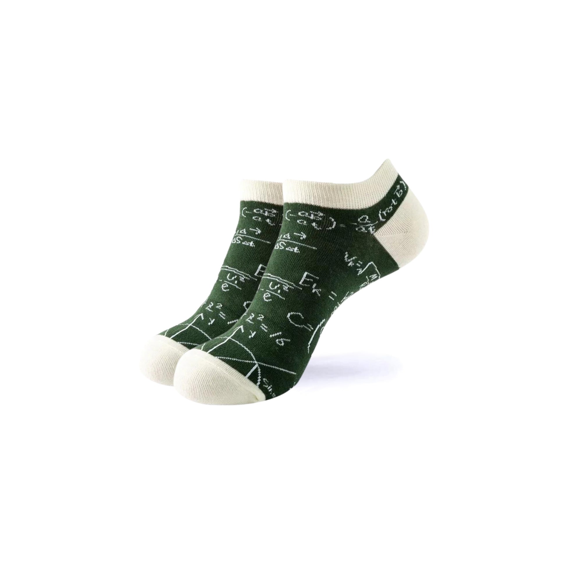 Green socks with mathematical equations on a white background