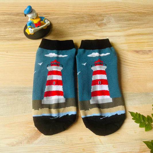 Seaside Lighthouse Ankle Socks – Scenic Nautical Design  Lazzy Socks India