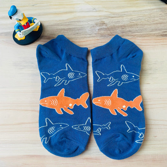 Shark Swarm Ankle Socks – Quirky Blue & Orange Design | Lazzy Socks India