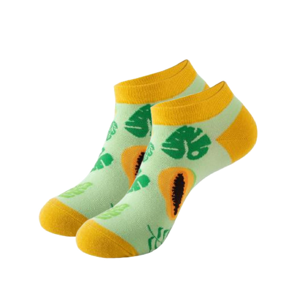 Pair of socks with papaya design on a white background