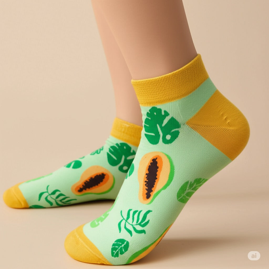 Green socks with papaya design and yellow accents on a beige background