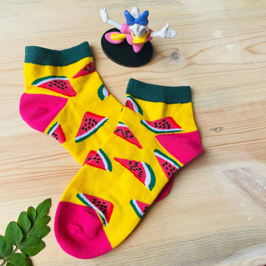 Watermelon Pop Ankle Socks – Vibrant Yellow Fruit Design | Lazzy Socks India