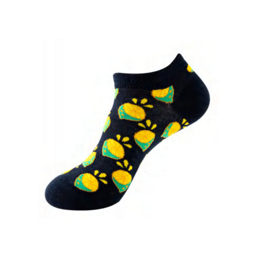 Black ankle sock with yellow and green lemon pattern on a white background