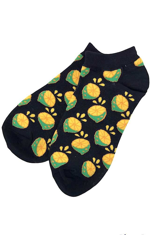 Black ankle socks with yellow and green lemon pattern on a white background