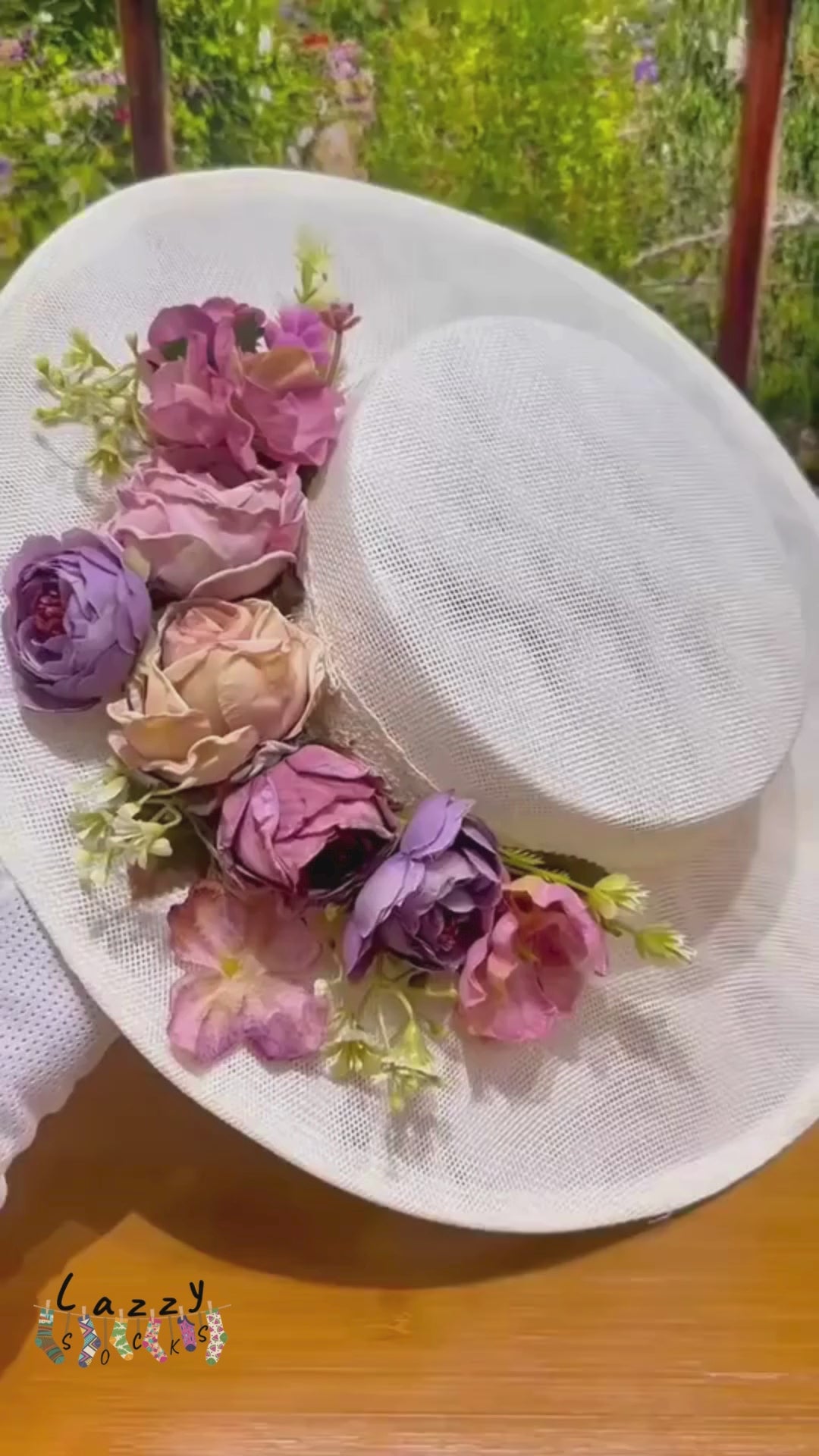 Vintage floral linen boater hat with handcrafted pastel flowers, ideal for garden parties, picnics, and sunny weddings