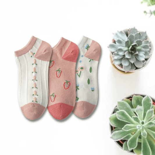 Pink Strawberry And Flowers Unisex Ankle Socks (Pack of 3) from lazzy socks
