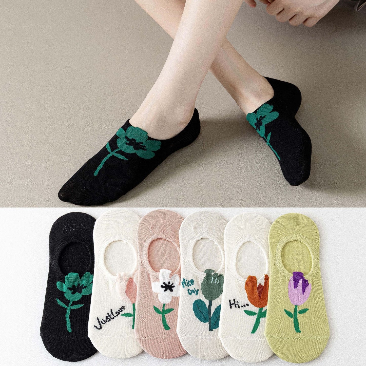 Single Flower Unisex No Show Socks (Pack of 6) from lazzy socks